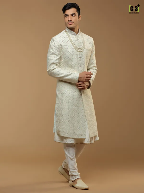 Cream hued silk fabric designer sherwani for mens