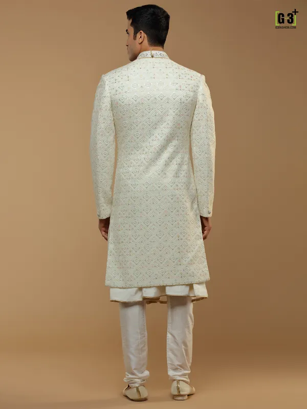 Cream hued silk fabric designer sherwani for mens