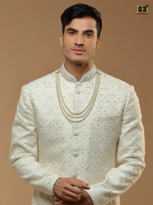 Cream hued silk fabric designer sherwani for mens