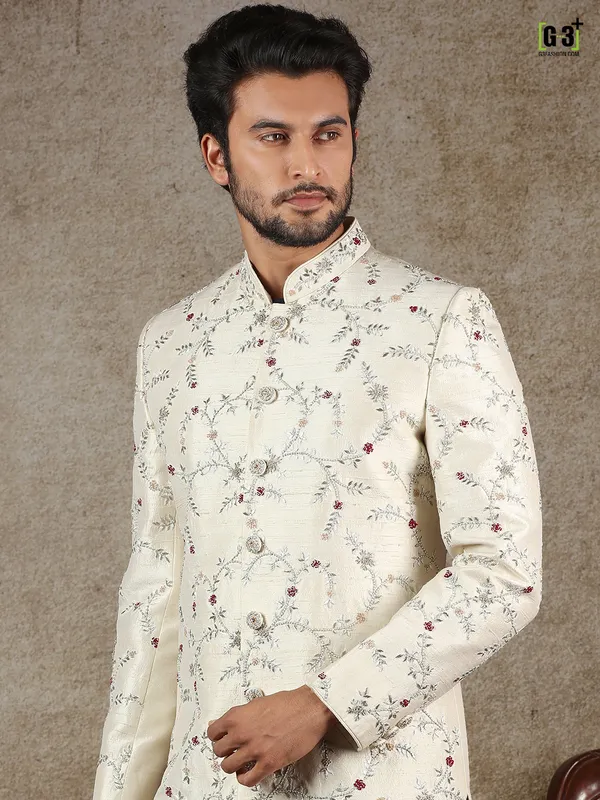 Cream indo western for wedding function in raw silk