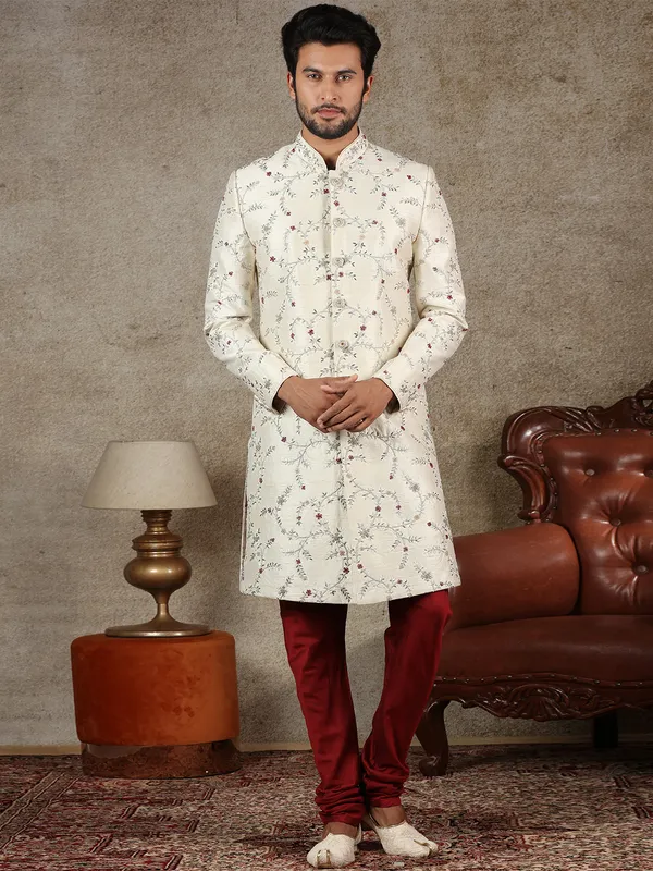 Cream indo western for wedding function in raw silk