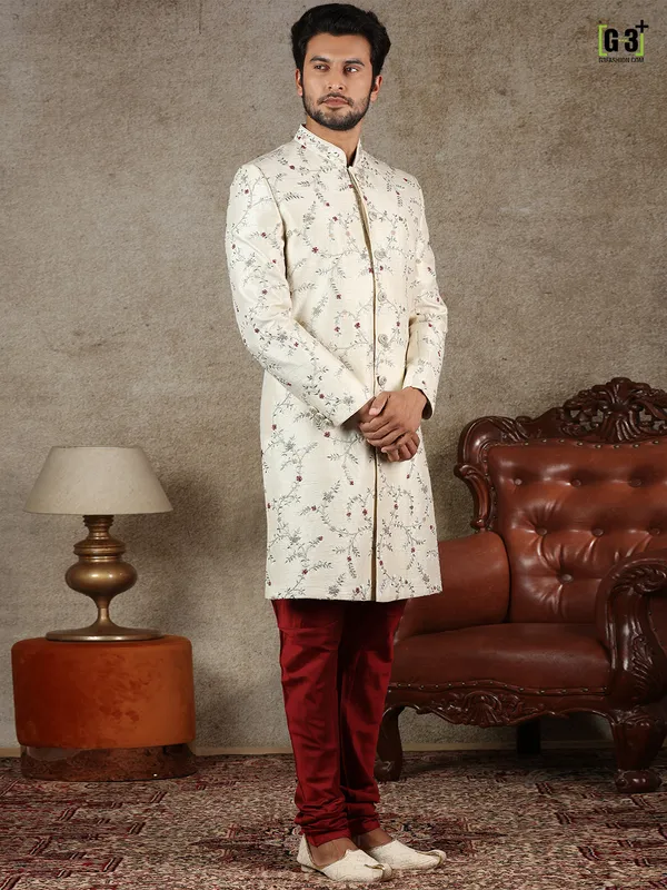 Cream indo western for wedding function in raw silk