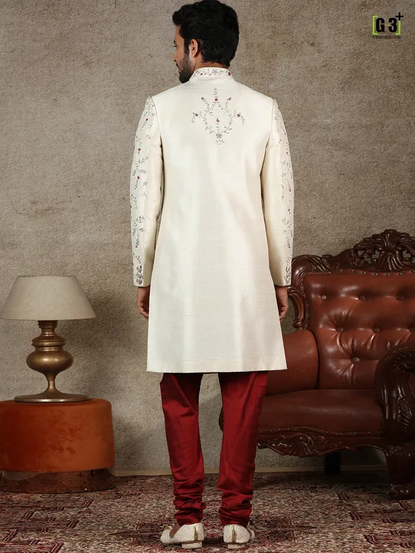 Cream indo western for wedding function in raw silk