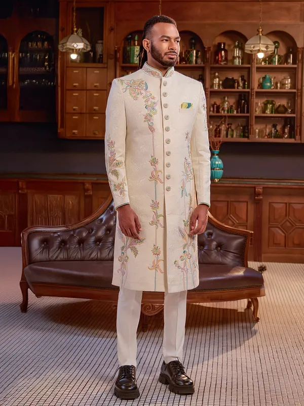 Cream jacquard sequins embroidered indo western