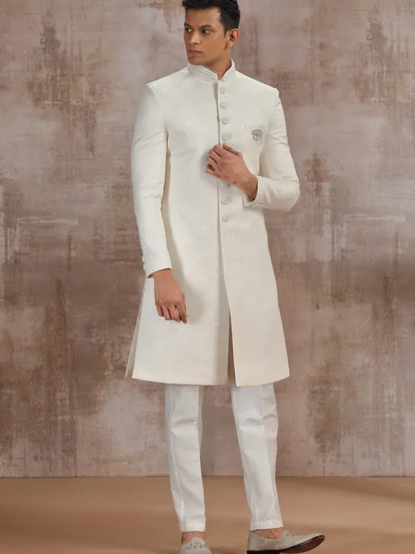 Cream jacquard sherwani for grooms wedding