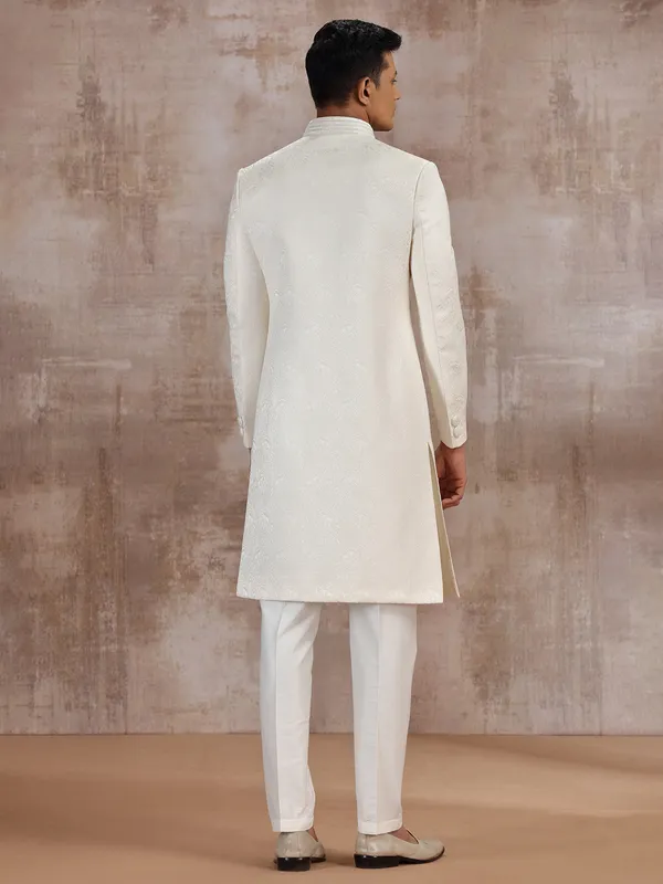 Cream jacquard sherwani for grooms wedding