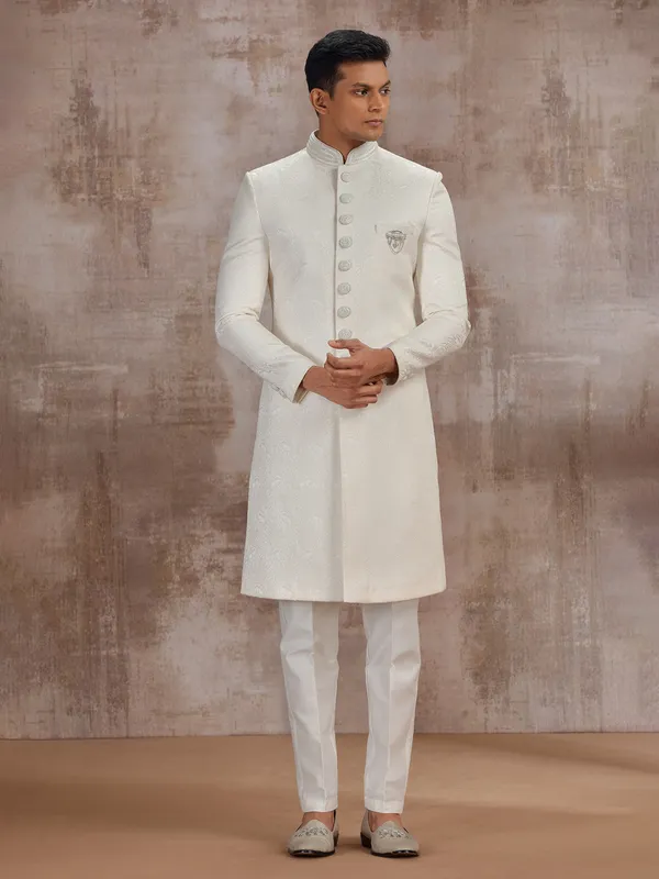 Cream jacquard sherwani for grooms wedding