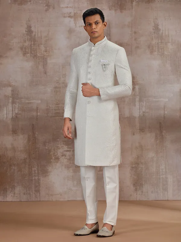 Cream jacquard wedding sherwani for groom