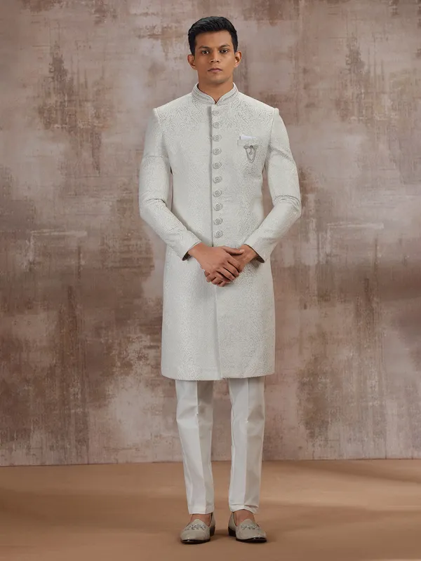 Cream jacquard wedding sherwani for groom
