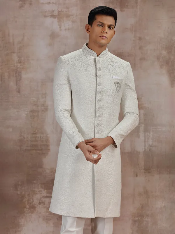 Cream jacquard wedding sherwani for groom