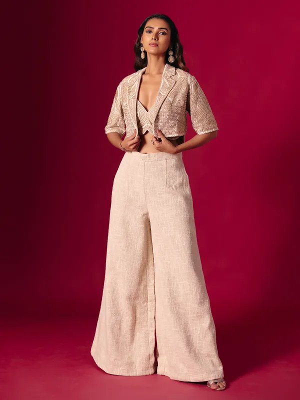 Cream jute silk designer jacket style palazzo suit