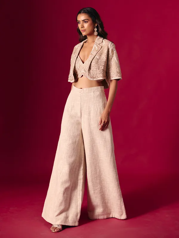 Cream jute silk designer jacket style palazzo suit