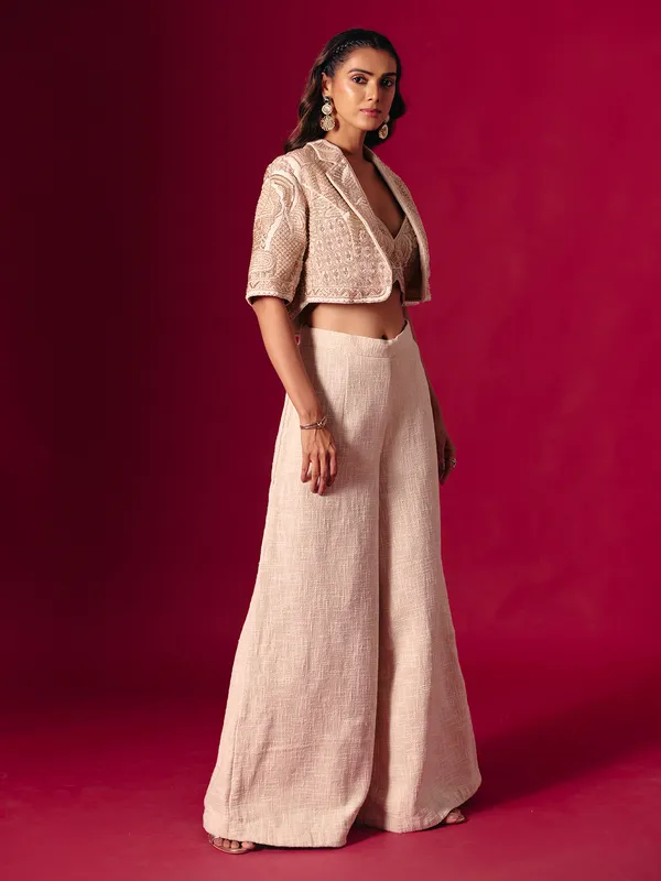 Cream jute silk designer jacket style palazzo suit