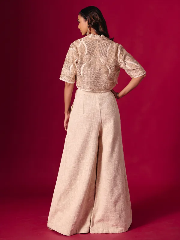 Cream jute silk designer jacket style palazzo suit