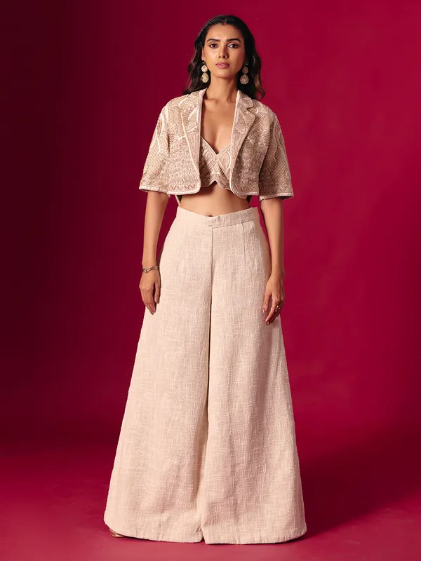 Cream jute silk designer jacket style palazzo suit