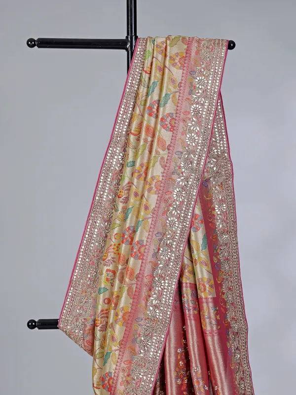 Cream kanjivaram silk wedding wear saree