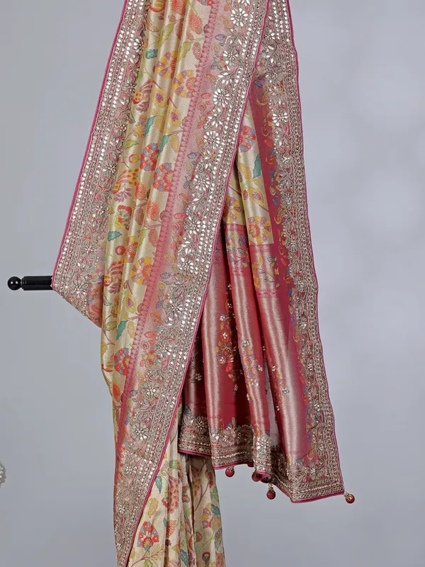 Cream kanjivaram silk wedding wear saree