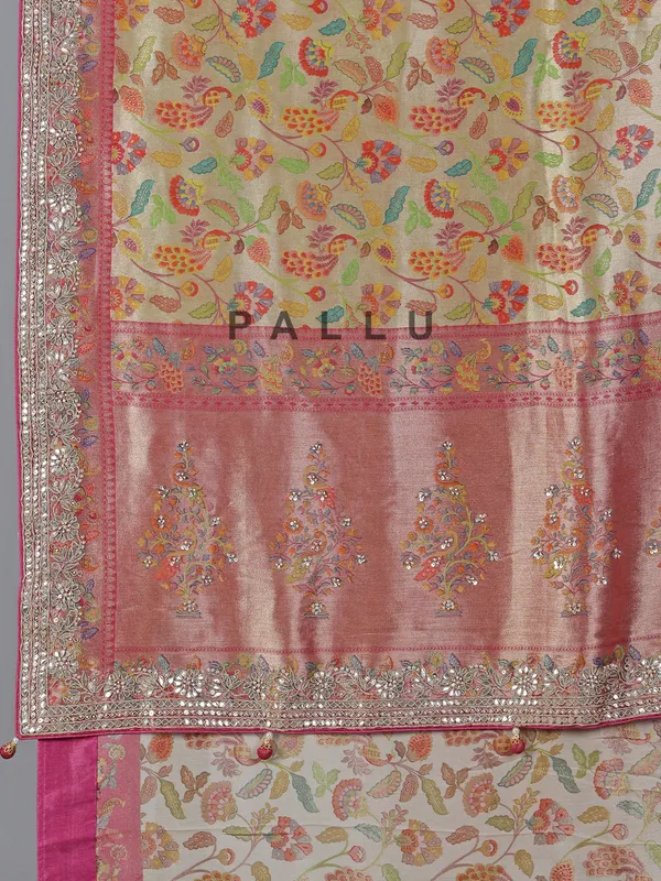 Cream kanjivaram silk wedding wear saree