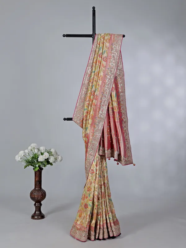 Cream kanjivaram silk wedding wear saree