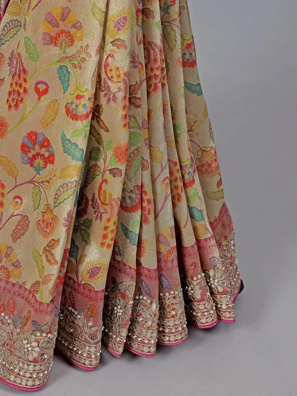 Cream kanjivaram silk wedding wear saree