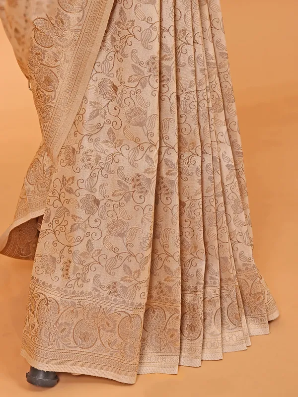 Cream kanjivaram silk zari weaving saree for festive