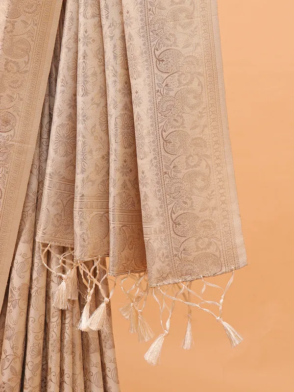 Cream kanjivaram silk zari weaving saree for festive