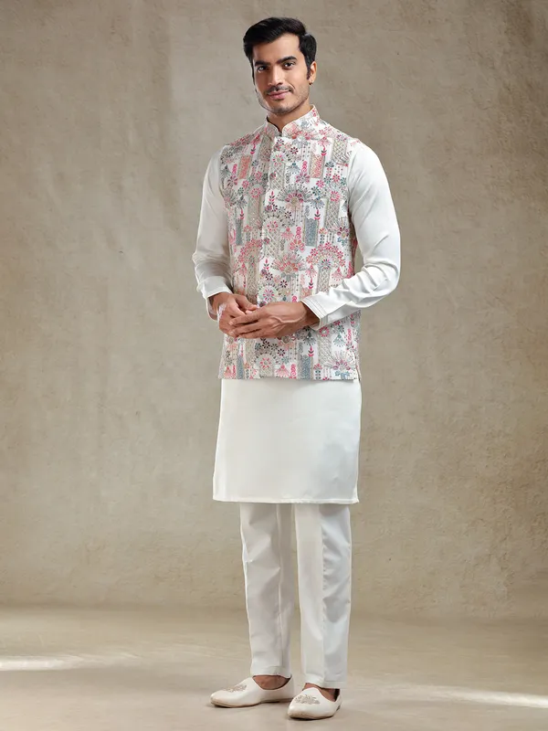 Cream georgette kurta jacket set for reception
