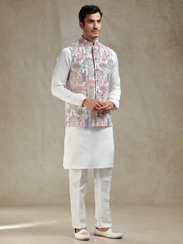 Cream georgette kurta jacket set for reception