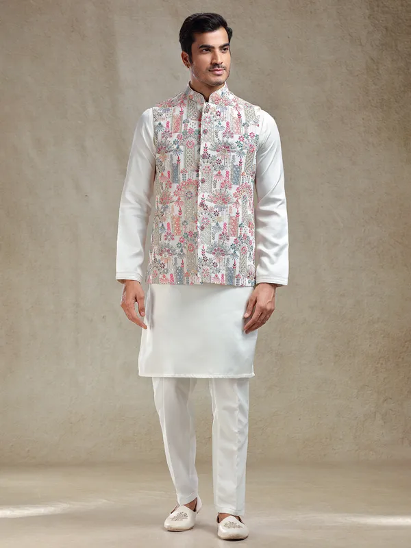 Cream georgette kurta jacket set for reception