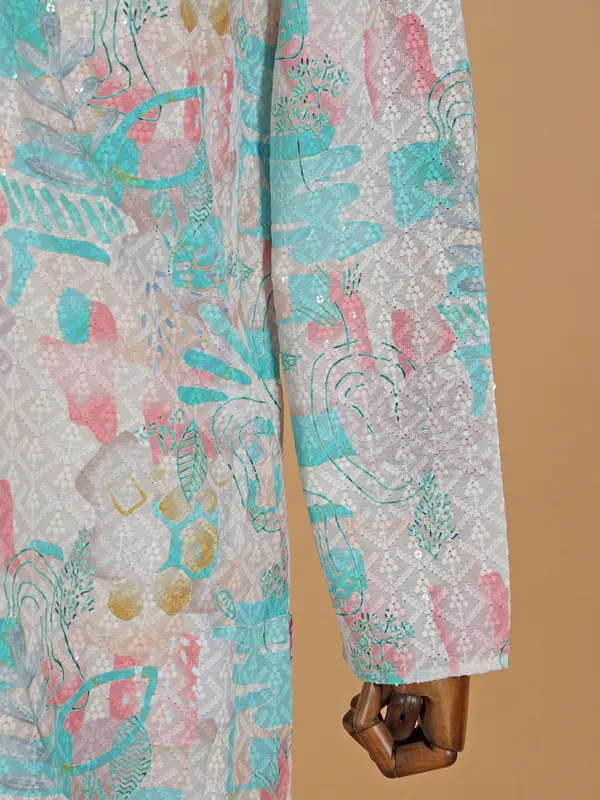 Cream Kurtra suit for men in cotton silk