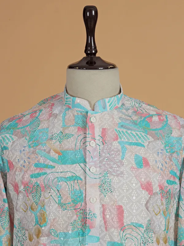 Cream Kurtra suit for men in cotton silk