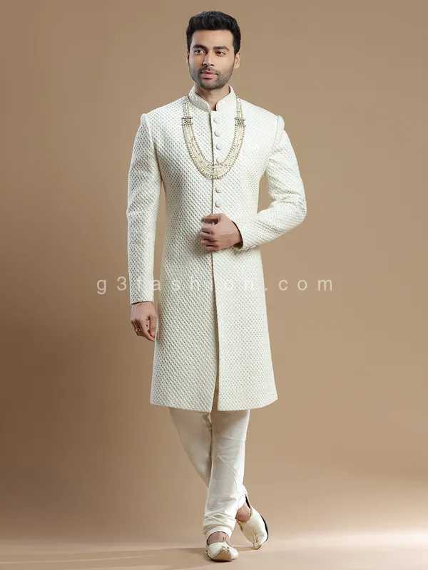 Cream lavish groom wear sherwani in silk