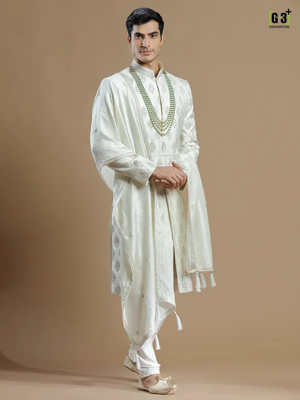 Cream lavish raw silk groom wear sherwani