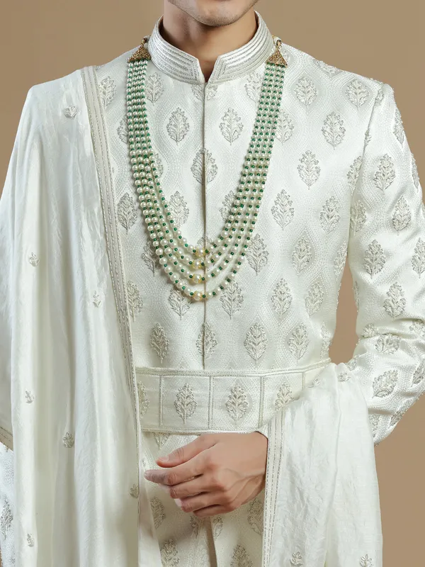 Cream lavish raw silk groom wear sherwani