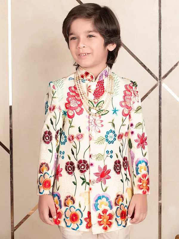 Cream lavish terry rayon indo western for boys