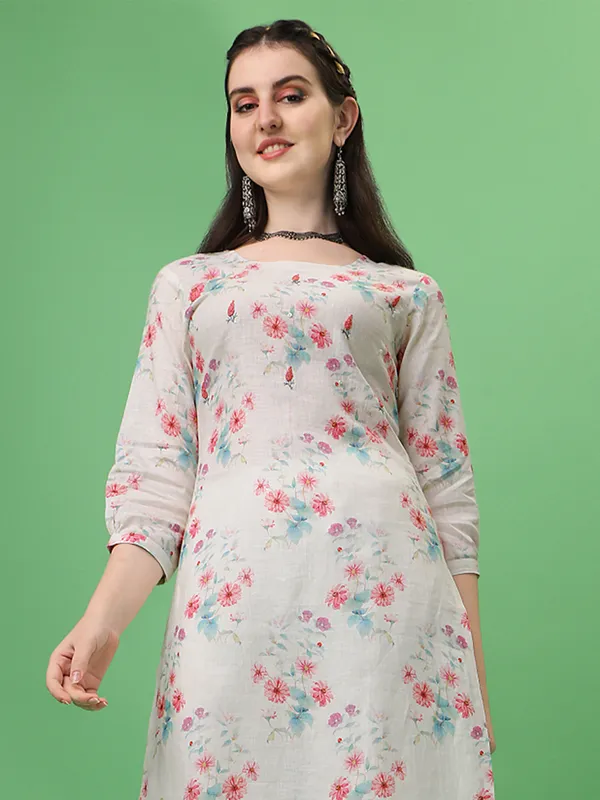 Cream linen casual wear printed kurti
