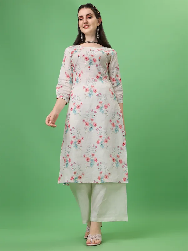 Cream linen casual wear printed kurti