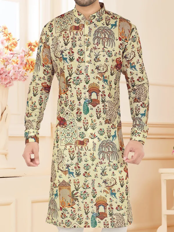 Cream linen kurta suit with chinese collar for festive