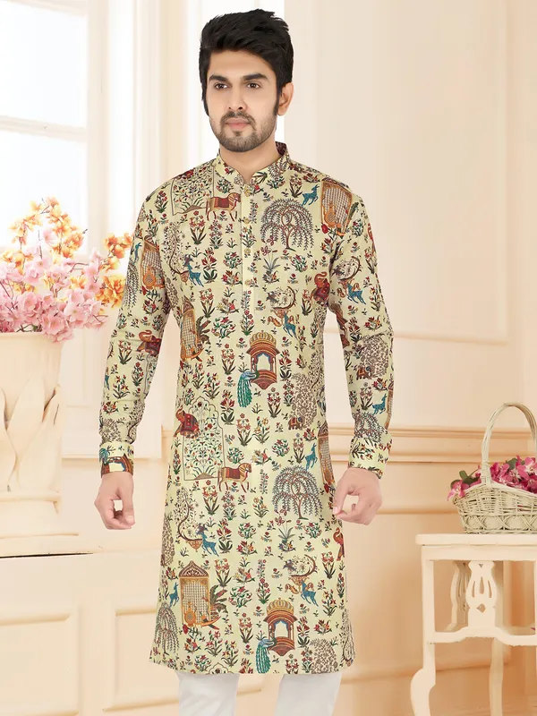 Cream linen kurta suit with chinese collar for festive