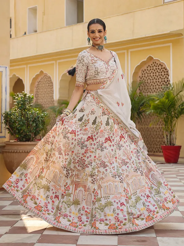 Cream linen satin lehenga choli with dupatta