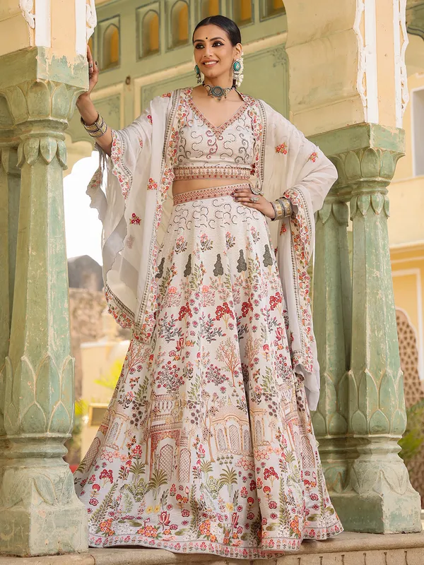 Cream linen satin lehenga choli with dupatta