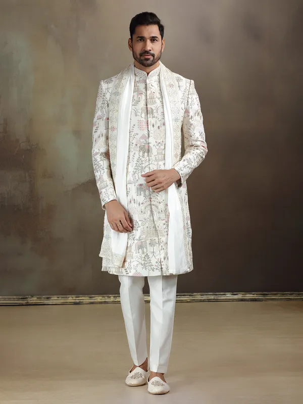 Cream linen satin wedding wear sherwani with dupatta