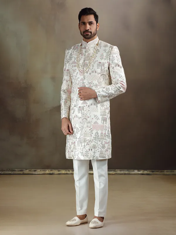 Cream linen satin wedding wear sherwani with dupatta
