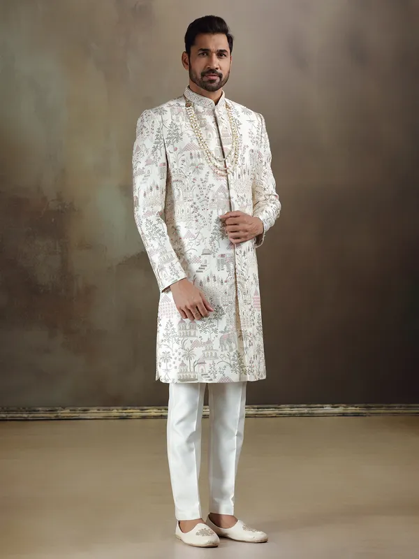 Cream linen satin wedding wear sherwani with dupatta