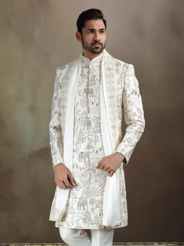 Cream linen satin wedding wear sherwani with dupatta