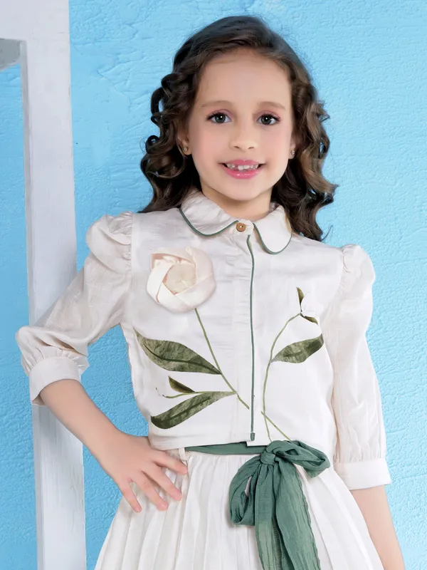 Cream linen silk spiral applique printed frock with belt