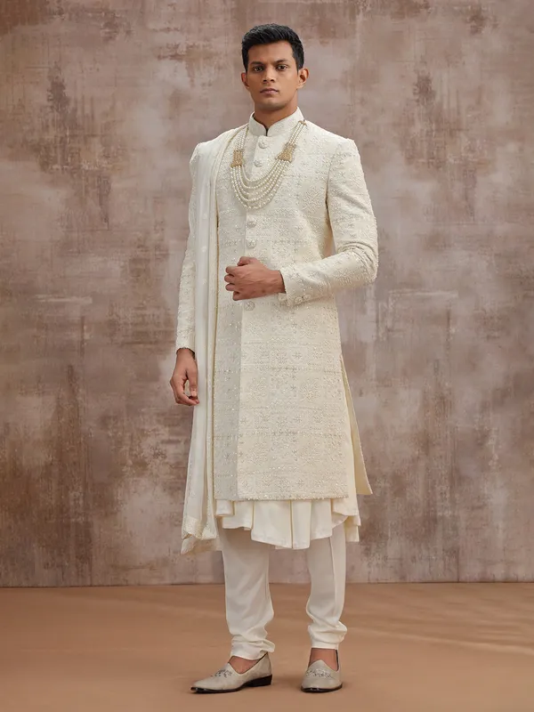 Cream lucknowi georgette peshwai sherwani with dupatta