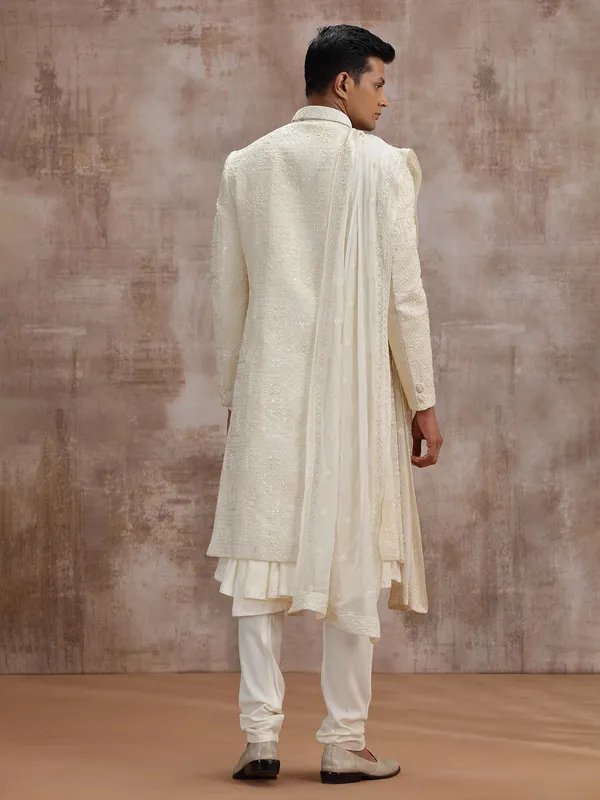 Cream lucknowi georgette peshwai sherwani with dupatta