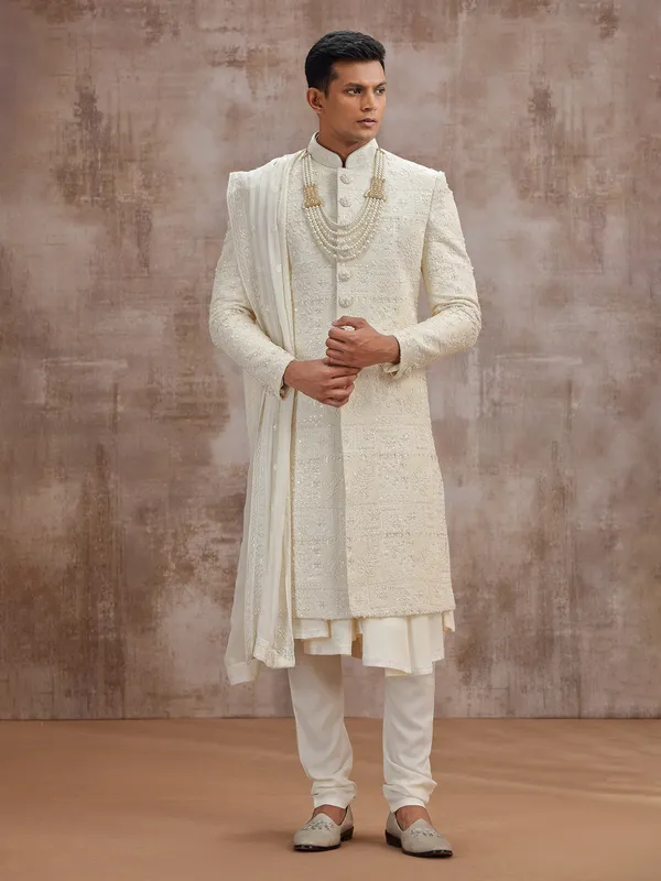 Cream lucknowi georgette peshwai sherwani with dupatta