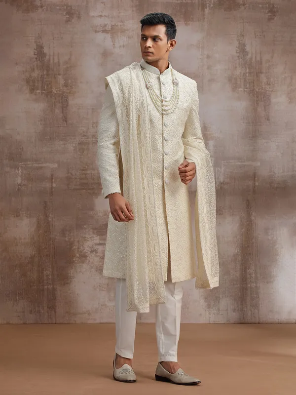 Cream lucknowi georgette sherwani with dupatta for wedding